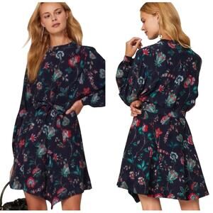 Derek Lam A-Line Navy Floral Print Long Sleeve Belted Mini Dress Sz 38/Sm